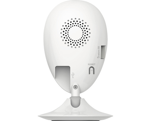 Achteraanzicht van een witte beveiligingscamera met luidspreker, Micro SD-sleuf, resetknop en USB-aansluiting