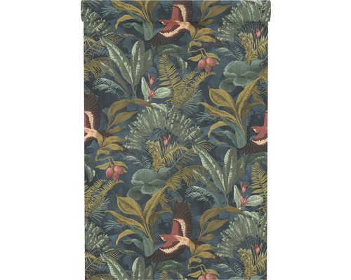 Behang met junglepatroon, bladeren en vogels