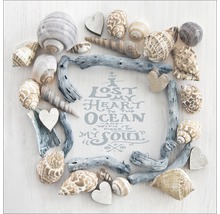 Decoratie met schelpen, drijfhout en harten omlijst een spreuk
