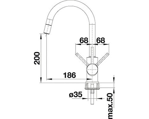 Technische tekening van een keukenkraan met afmetingen