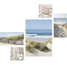 Collage met strandmotieven, waaronder duinen, zee en schelpen