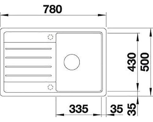 Technische tekening van een spoelbak met afdruiprek en de afmetingen 780 x 500 millimeter