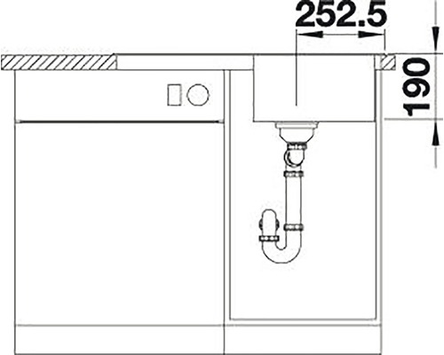 Tekening van een aanrecht met afmetingen van 252,5 en 190