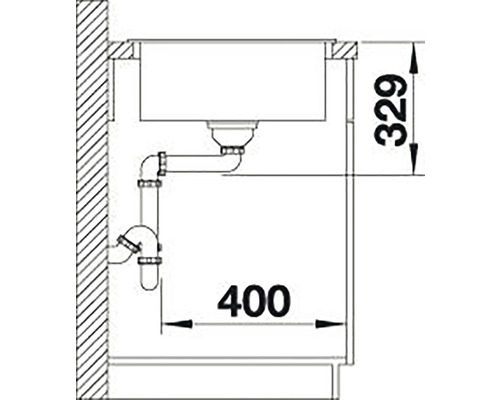Technische tekening van een spoelbak met afmetingen 329 en 400.