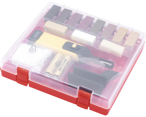 Meubelreparatieset in rode doos met diverse reparatiegereedschappen