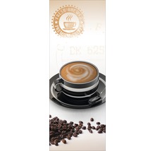 Kopje koffie met drank, koffiebonen en zegel