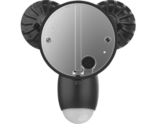 Achteraanzicht van een zwarte buitenlamp met drie lichtbronnen.