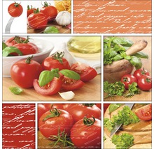 Collage met verschillende afbeeldingen van tomaten, knoflook en kruiden