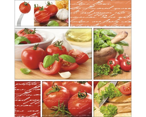 Collage met verschillende afbeeldingen van tomaten, knoflook en kruiden