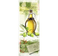 Decoratieve wandafbeelding met olijfoliefles en olijftak
