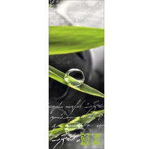 Decoratief paneel met een waterdruppel op een blad en teksten