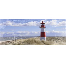 Decoratieve afbeelding met vuurtoren, kompas en tekst