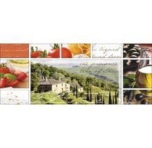 Decoratieve tegel met motieven van tomaten, pasta, olijven en een Italiaans landschap