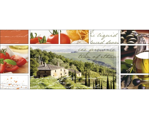 Decoratieve tegel met motieven van tomaten, pasta, olijven en een Italiaans landschap