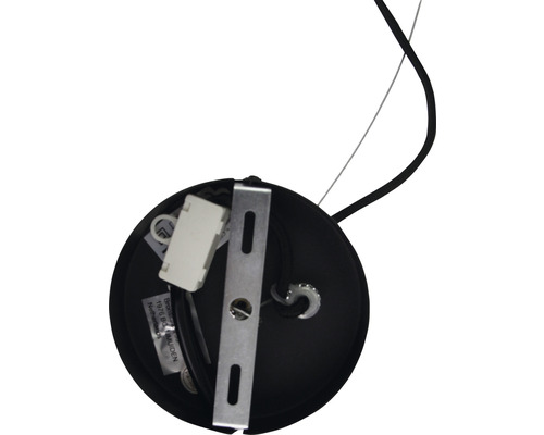 Plafondbevestiging van een hanglamp met snoer en montagevoorziening.