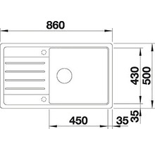 Tekening van een gootsteen met afmetingen.