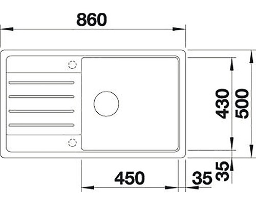 Tekening van een gootsteen met afmetingen.