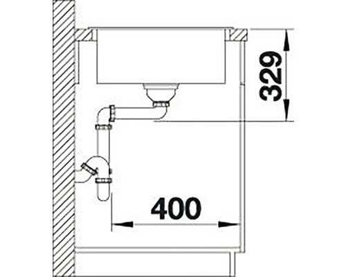 Technische tekening van een gootsteen met afmetingen.