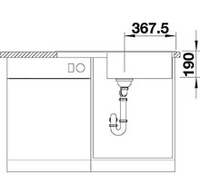 Technische tekening van een spoelbak met afmetingen