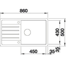 Technische tekening van een aanrechtspoelbak met maatvoering