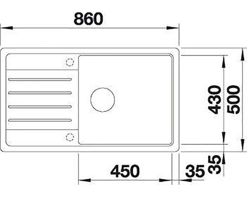 Technische tekening van een aanrechtspoelbak met maatvoering