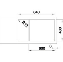 Technische tekening van een spoelbak met afmetingen: 840 mm totale breedte, 480 mm diepte, hoekradius R15 en positie van de spoelbak.