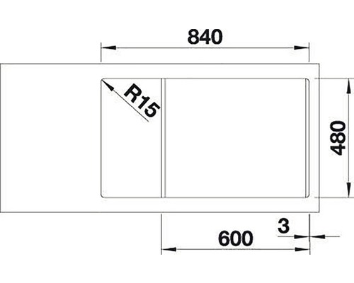 Technische tekening van een spoelbak met afmetingen: 840 mm totale breedte, 480 mm diepte, hoekradius R15 en positie van de spoelbak.