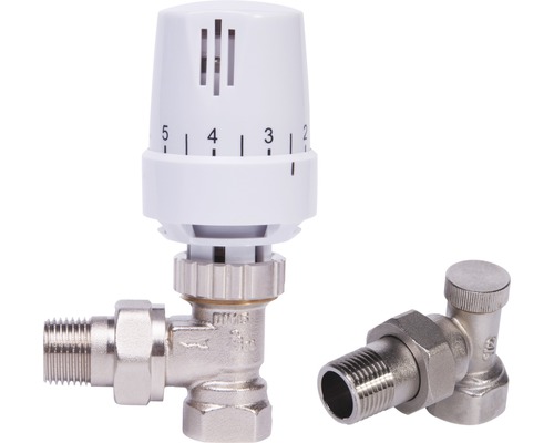 Thermostatische radiator- en voetventielset haaks 1/2" Thermostatische radiator- en voetventielset haaks 1/2"