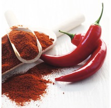 Rode chilipepers en chilipoeder in houten lepels