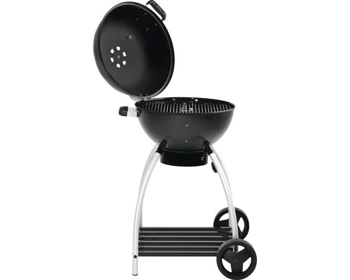 Bolvormige barbecue met open deksel en opbergvak