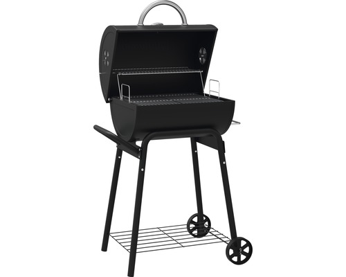 Zwarte houtskoolbarbecue met deksel en wielen