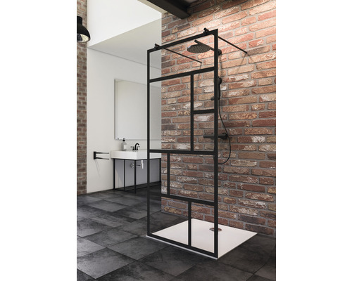 SCHULTE Inloopdouche Alexa Style 2.0 Black Style 85,5 cm zwart Inloopdouche met zwart frame en douchekop in een lichte badkamer.