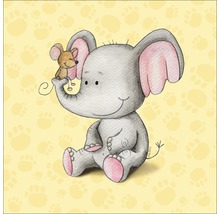 Illustratie van een olifant met een muis op zijn slurf