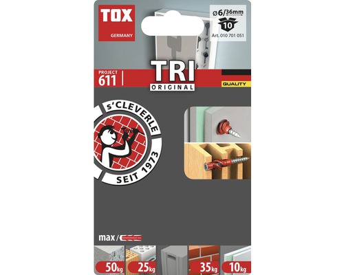 TOX Tri Original plug, 6 millimeter diameter, 36 millimeter lengte, 10 stuks