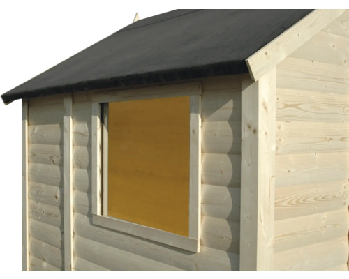 Gedetailleerd beeld van een tuinhuis met houten wand en raam