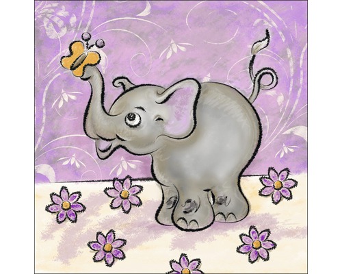 Illustratie van een olifant met een vlinder op zijn neus