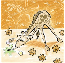 Illustratie van een giraffe die bukt naar ijs en bloemen op de grond