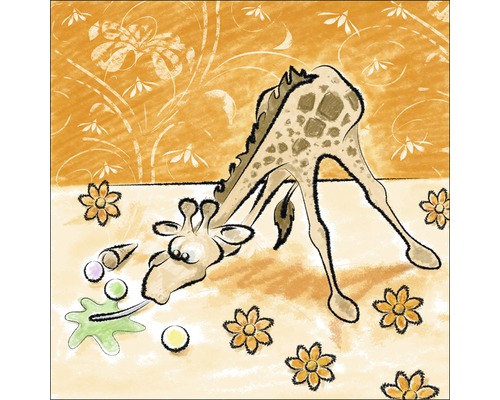 Illustratie van een giraffe die bukt naar ijs en bloemen op de grond