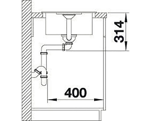 Technische tekening van een gootsteen met sifon en maatvoering