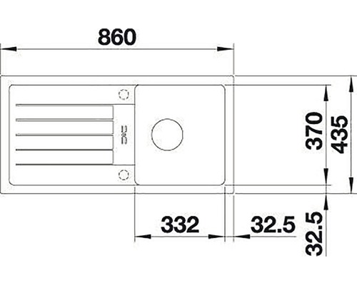 Tekening van een gootsteen met afmetingen