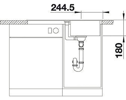 Schematische tekening van een inbouwspoelbak met spoelbakonderkast en afmetingen.