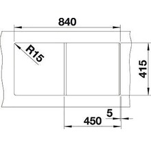 Technische tekening met maatvoering: 840, 415, 450, 5 en R15