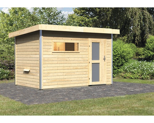 Houten tuinhuis met raam en deur