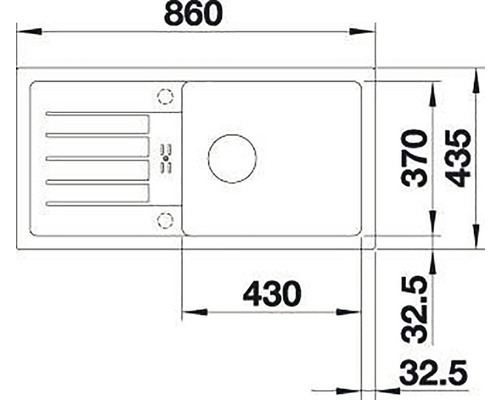 Technische tekening van een gootsteen met afmetingen