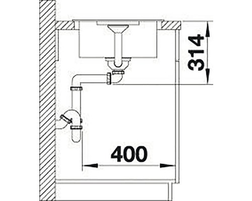 Schets van een aanrecht met maataanduidingen van de afmetingen en aansluitingen