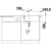 Technische tekening van een spoelbak met bijbehorende afmetingen