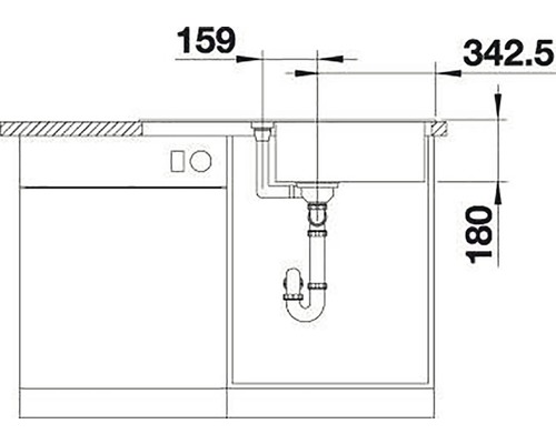 Technische tekening van een spoelbak met bijbehorende afmetingen
