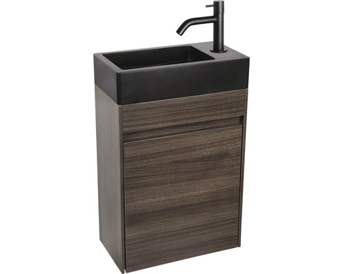 Wastafelonderkast met zwarte waskom en kraan