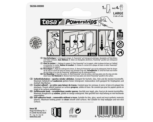 Tesa Powerstrips grote, zelfklevende haak, inclusief vier Powerstrips