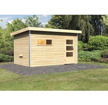 Houten tuinhuis met plat dak, raam en deur